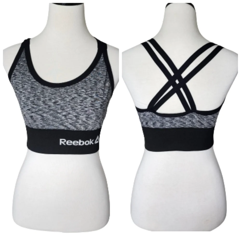 Reebok women's black & gray sports bra strappy Criss Cross straps size small